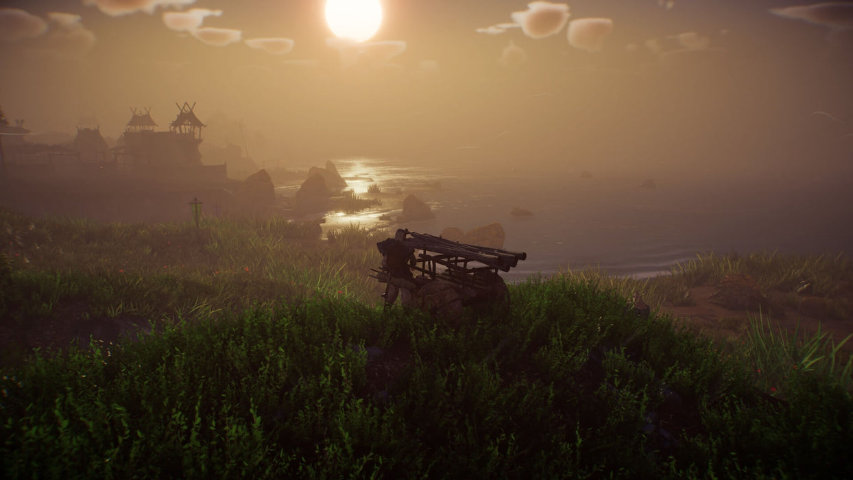 A serene sunset scene featuring a Viking settlement on the coastline, with golden light reflecting off the water. Immerse yourself in Norse mythology and tribal survival—get your ASKA Steam CD Key today at RushGame.co