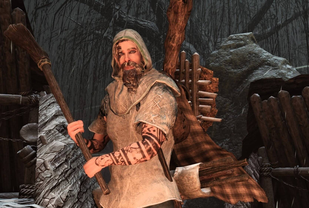 A rugged Viking warrior with tribal tattoos and survival gear stares intensely, ready for the harsh wilderness. Lead your Viking tribe in ASKA, available now as a digital download Steam key on RushGame.co