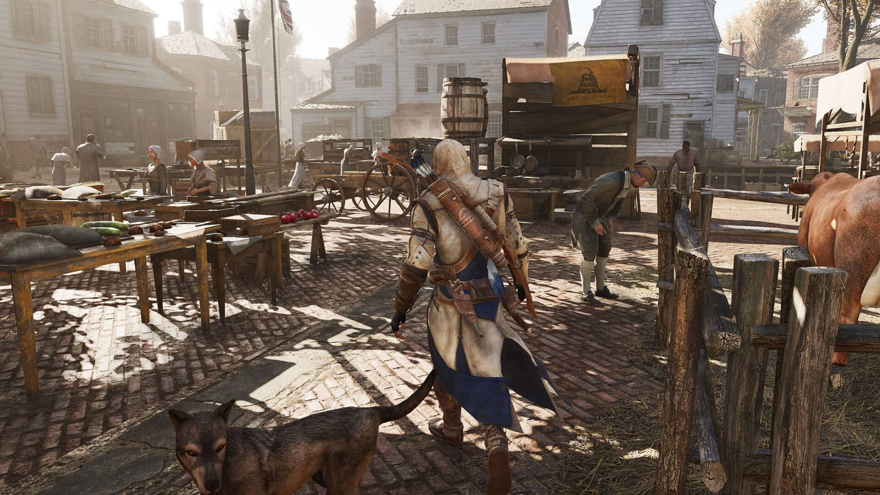  A bustling colonial marketplace scene from Assassin's Creed III Remastered, featuring the protagonist Connor walking through a cobblestone street filled with merchants, animals, and townspeople. Experience the immersive historical setting and dynamic interactions by purchasing Assassin's Creed III Remastered PC Ubisoft Connect CD Key at RushGame.co with instant digital delivery