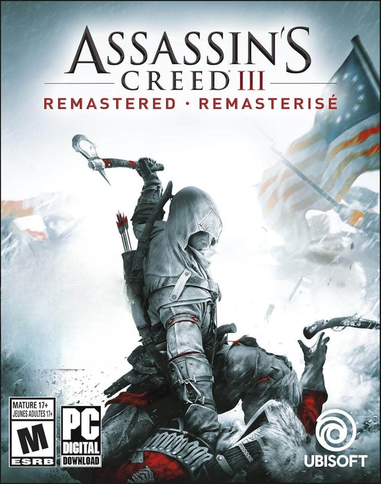 Official cover art for Assassin's Creed III Remastered, showcasing Connor in mid-combat, wielding a tomahawk over a defeated enemy, with the American flag waving in the background. Get your Assassin's Creed III Remastered PC Ubisoft Connect CD Key at RushGame.co for fast and secure game activation