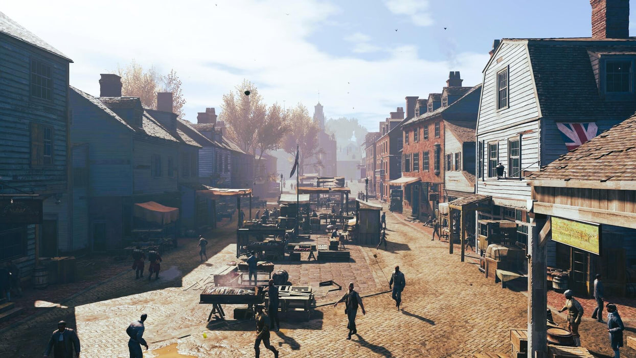 A bustling colonial-era street scene from Assassin's Creed 3 Remastered, showcasing detailed market activity and British rule influences. Buy your Assassin's Creed 3 Remastered Nintendo Switch digital key at RushGame.co and relive the American Revolution with enhanced graphics and gameplay