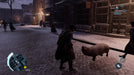 A nighttime snowy street in Assassin's Creed 3 Remastered, where the protagonist stands near a pig with an interactive prompt. Secure your Nintendo Switch CD Key for Assassin's Creed 3 Remastered at RushGame.co and immerse yourself in the historical open-world adventure