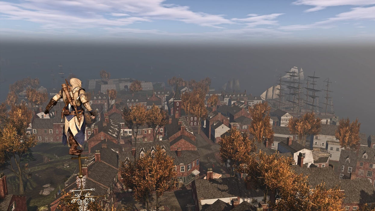 Connor Kenway perched atop a high structure, overlooking a vast colonial city with ships docked in the harbor. Purchase Assassin's Creed 3 Remastered for Nintendo Switch at RushGame.co and explore the beautifully remastered world of 18th-century America