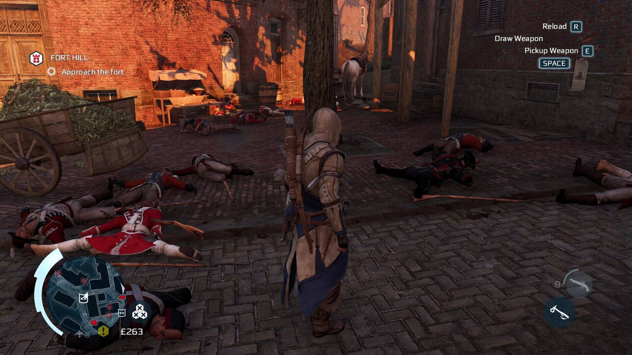 A battle aftermath scene in Assassin's Creed 3 Remastered, featuring Connor among fallen redcoats in a British-controlled city. Get your Nintendo Switch CD Key for Assassin's Creed 3 Remastered at RushGame.co and take part in the legendary Assassin vs. Templar conflict