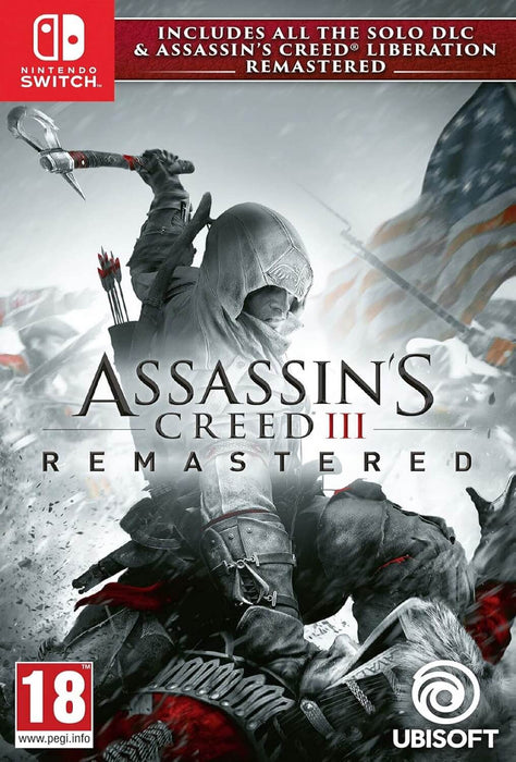 The official cover art for Assassin's Creed 3 Remastered on Nintendo Switch, featuring Connor Kenway in an intense battle scene with an American flag in the background. Get your Assassin's Creed 3 Remastered CD Key for Switch at RushGame.co and experience the revolution in stunning remastered quality