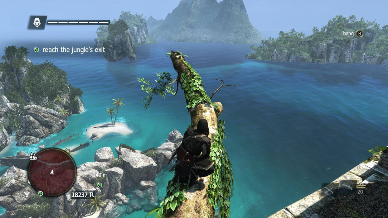 Screenshot from Assassin's Creed IV: Black Flag, showing the protagonist perched on a tree branch overlooking a stunning tropical landscape with turquoise waters and distant islands. Secure your Assassin's Creed IV: Black Flag Gold Edition PC Ubisoft Connect CD Key at RushGame.co for an immersive open-world pirate experience