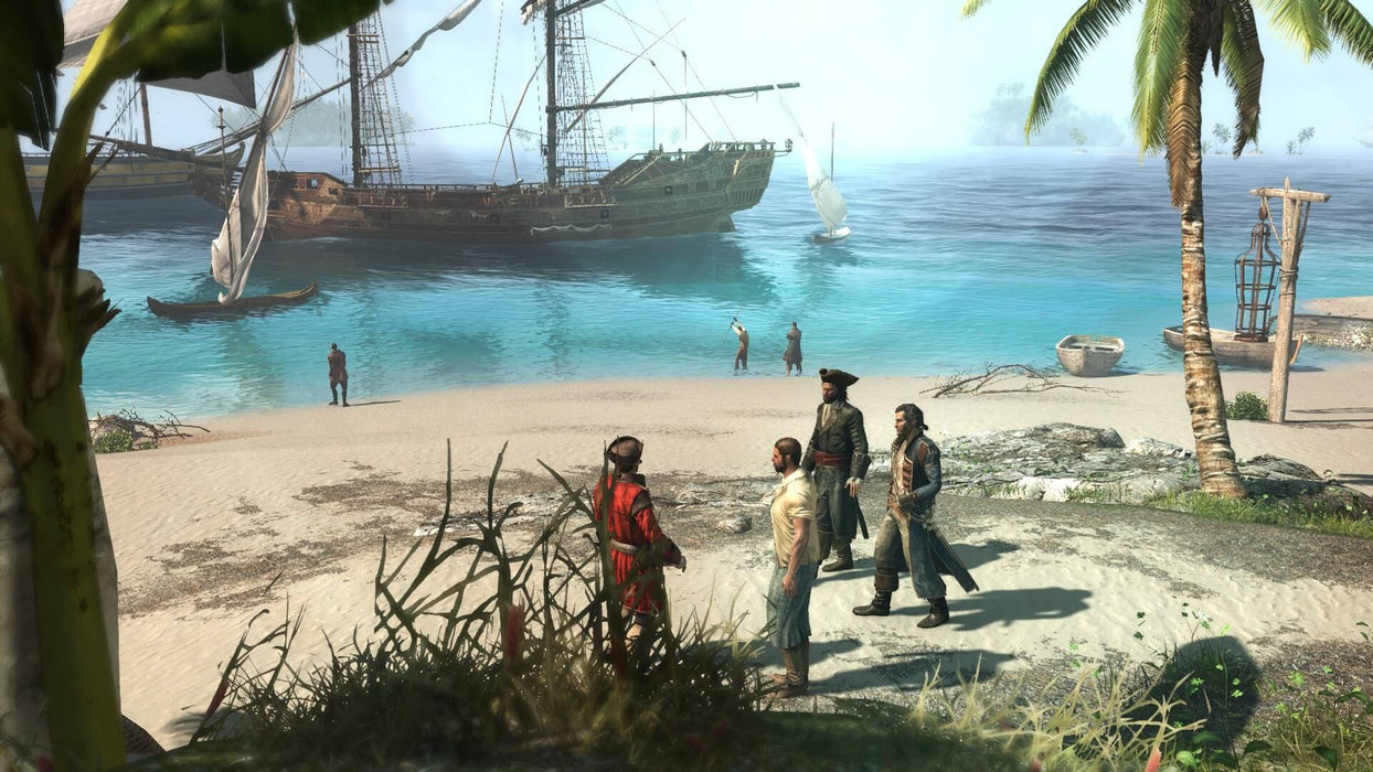 "Gameplay image from Assassin's Creed IV: Black Flag, featuring a group of pirates standing on a sunlit beach with a large sailing ship anchored offshore. Purchase your Assassin's Creed IV: Black Flag Gold Edition PC Ubisoft Connect CD Key at RushGame.co and explore the high seas with legendary outlaws.