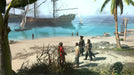 "Gameplay image from Assassin's Creed IV: Black Flag, featuring a group of pirates standing on a sunlit beach with a large sailing ship anchored offshore. Purchase your Assassin's Creed IV: Black Flag Gold Edition PC Ubisoft Connect CD Key at RushGame.co and explore the high seas with legendary outlaws.