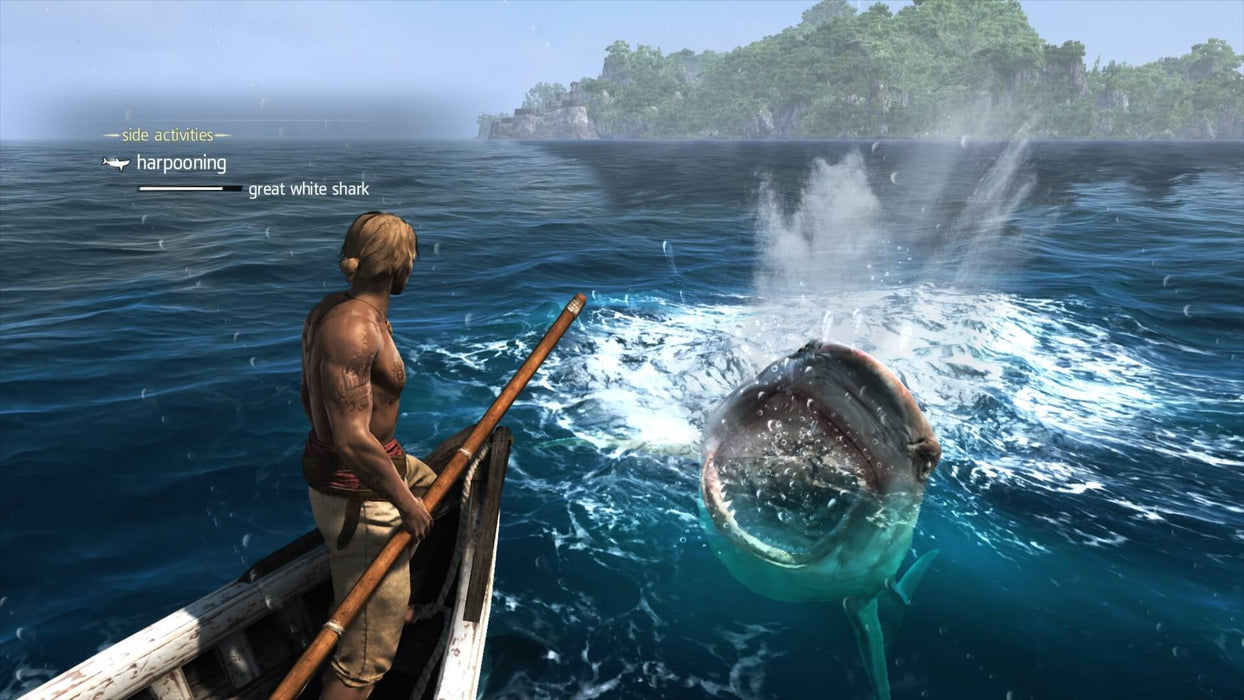 Action scene from Assassin's Creed IV: Black Flag, where Edward Kenway engages in an intense harpooning mission against a massive great white shark in the open ocean. Experience the thrill of naval combat and survival with your Assassin's Creed IV: Black Flag Gold Edition PC Ubisoft Connect CD Key from RushGame.co
