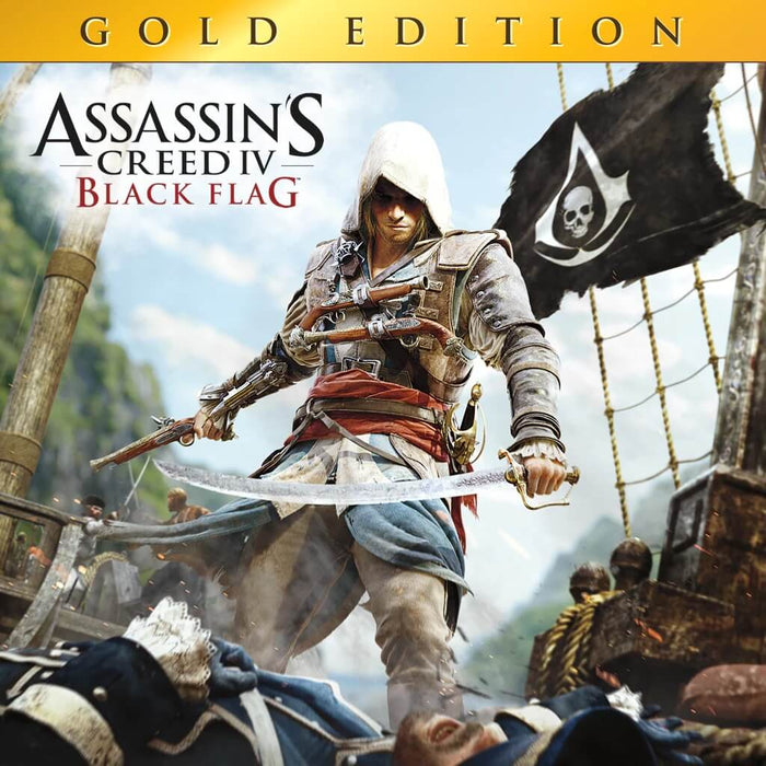 Cover art for Assassin's Creed IV: Black Flag Gold Edition, featuring Edward Kenway standing on a ship with dual weapons, ready for battle, while the iconic Assassin's flag waves in the background. Get your Assassin's Creed IV: Black Flag Gold Edition PC Ubisoft Connect CD Key instantly at RushGame.co and embark on an epic pirate adventure