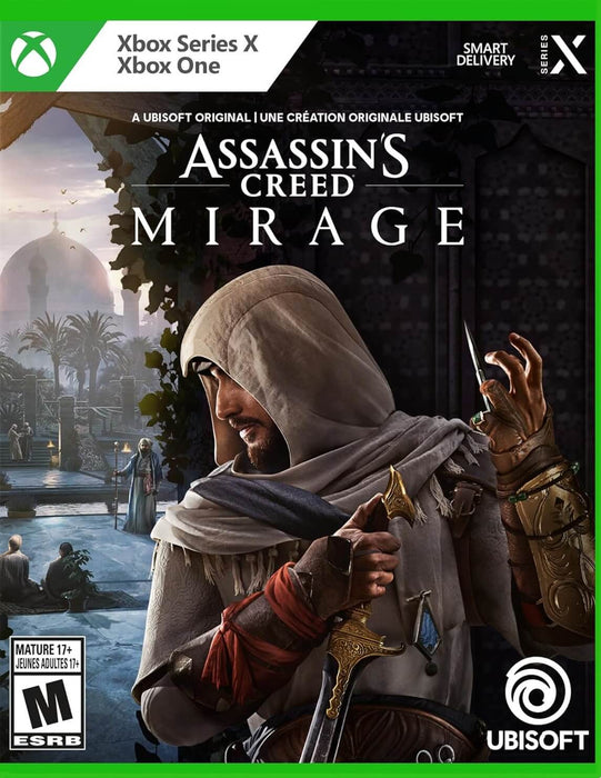Official cover of Assassin’s Creed Mirage for Default Title and Default Title, featuring the protagonist in an iconic assassin pose with a hidden blade. Get your Assassin’s Creed Mirage Xbox digital key instantly at RushGame.co and embark on a thrilling adventure in Baghdad