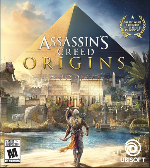 The official cover art for Assassin's Creed: Origins on PC, featuring the protagonist Bayek standing before the grand Egyptian pyramids and a vibrant ancient city. Buy your digital game key for Assassin's Creed: Origins at RushGame.co and experience an open-world journey through ancient Egypt