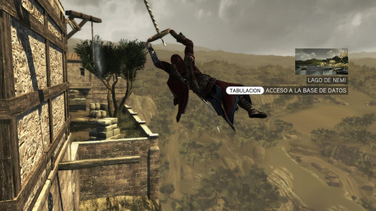 This image shows a character performing a daring leap across rooftops in Assassin's Creed. The stunning open-world environment with ancient structures and detailed landscape is visible in the background, offering a glimpse into the immersive world of this action-adventure game. Find the Assassin's Creed game code on rushgame.co for instant digital delivery.