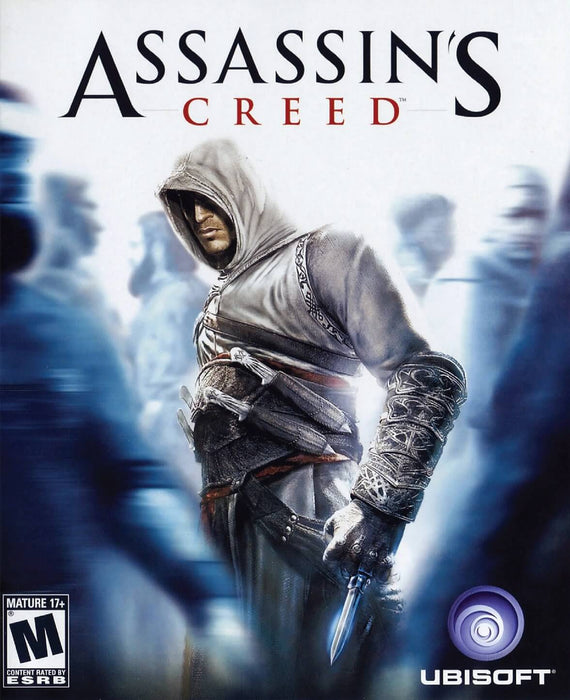 The cover art for Assassin's Creed showcases the iconic hooded assassin with his weapons drawn, preparing for stealthy action. This game brings historical exploration and action to life in an open-world setting. Get your Assassin's Creed game code from rushgame.co for quick and secure delivery