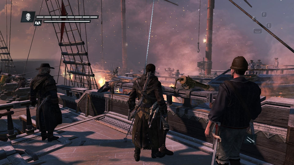  A dramatic ship battle in Assassin’s Creed Rogue, with flames lighting up the battlefield at sea. Engage in epic naval warfare with your Ubisoft Connect key from RushGame.co.