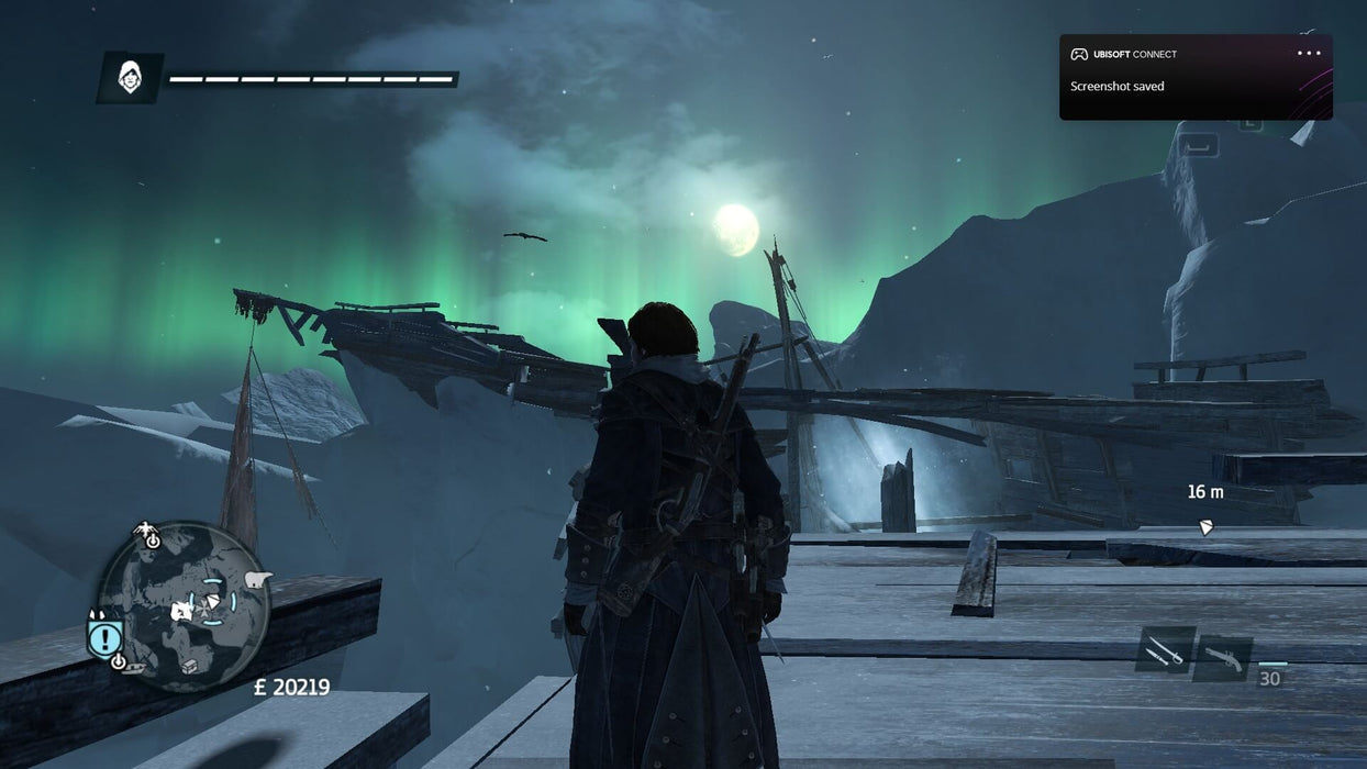 A nighttime exploration scene in Assassin’s Creed Rogue, with the protagonist under a glowing green aurora borealis. Experience the adventure with your PC game key from RushGame.co