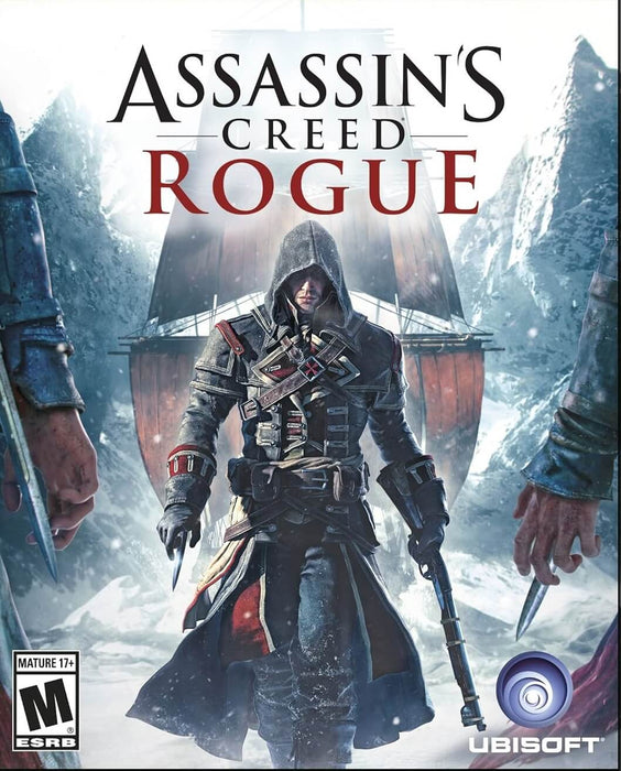 The official cover of Assassin’s Creed Rogue for PC (Ubisoft Connect), featuring Shay Cormac in a striking dark Assassin outfit against an icy battlefield. Available at RushGame.co.