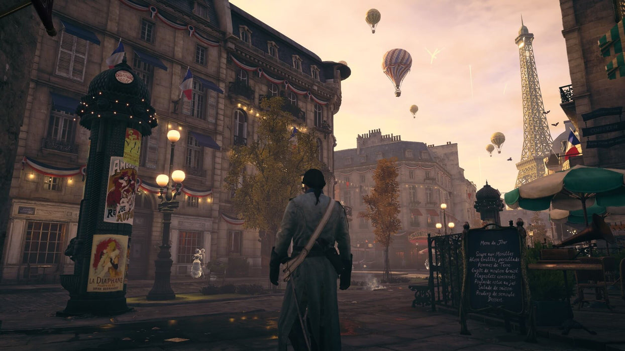 A stunning in-game screenshot from Assassin’s Creed Unity, showing a protagonist exploring a lively Parisian street with hot air balloons rising over the cityscape. Secure your Assassin’s Creed Unity PC Ubisoft Connect CD Key at RushGame.co and immerse yourself in revolutionary Paris