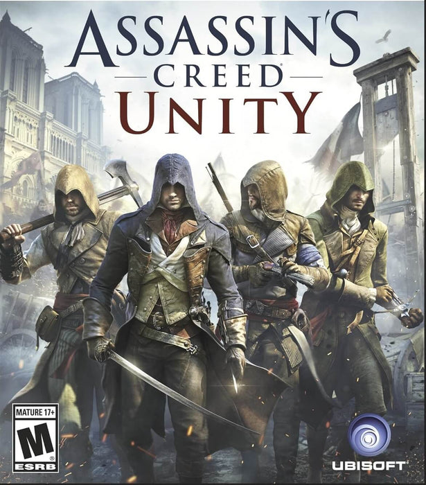 Cover art for Assassin's Creed Unity featuring Arno and his fellow assassins, standing ready for battle with Notre-Dame Cathedral in the background. Get your Assassin’s Creed Unity PC Ubisoft Connect CD Key today at RushGame.co for instant activation and seamless digital download.