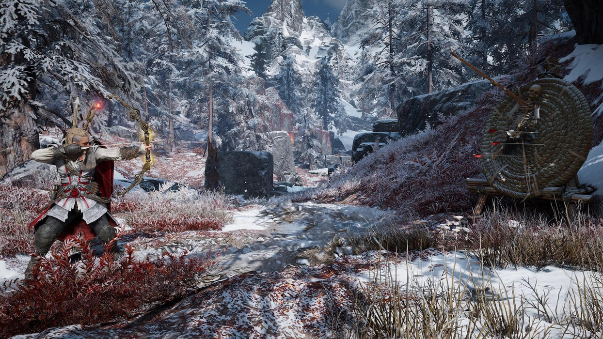  A skilled archer in Viking-era armor aims at a distant target, set in a snow-covered battlefield surrounded by ancient ruins. Enhance your gaming experience with an Assassin’s Creed Valhalla Complete Edition key from RushGame.co.