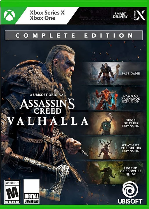 The official cover art featuring Eivor, the Viking protagonist, with a battle-ready stance, showcasing the base game and expansions. Get your Assassin’s Creed Valhalla Complete Edition CD Key for Xbox at RushGame.co for instant digital delivery