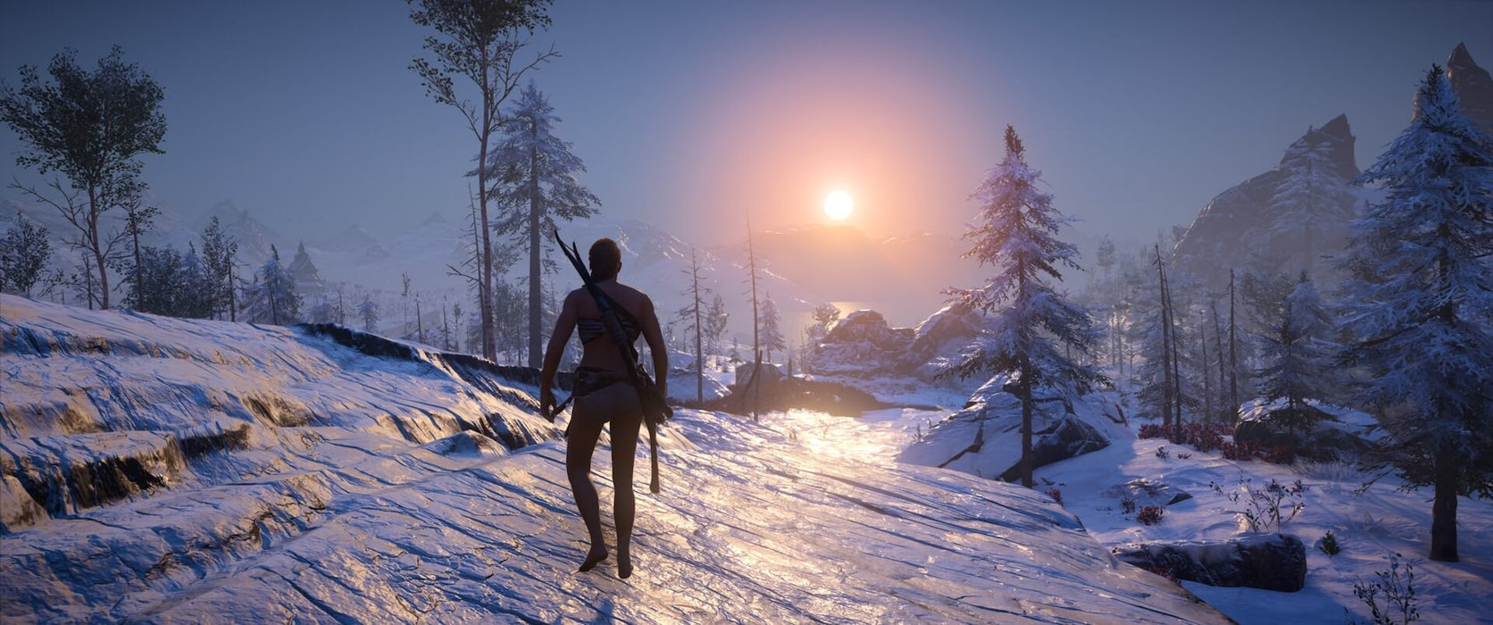 A breathtaking snowy landscape at sunrise in Assassin's Creed Valhalla, with a lone warrior traversing the icy terrain. Experience the vast open world of Viking conquests by getting your Assassin's Creed Valhalla Ubisoft Connect CD Key (US) now at RushGame.co