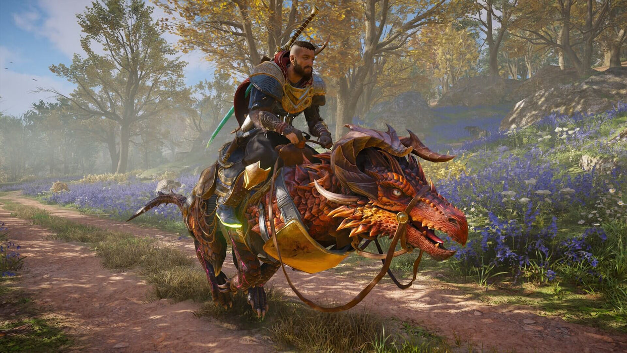 A warrior riding an intricately designed dragon mount in Assassin's Creed Valhalla, surrounded by lush landscapes and blooming flowers. Unlock exclusive mounts and explore the Viking world—buy your Assassin's Creed Valhalla Ubisoft Connect CD Key (US) at RushGame.co.