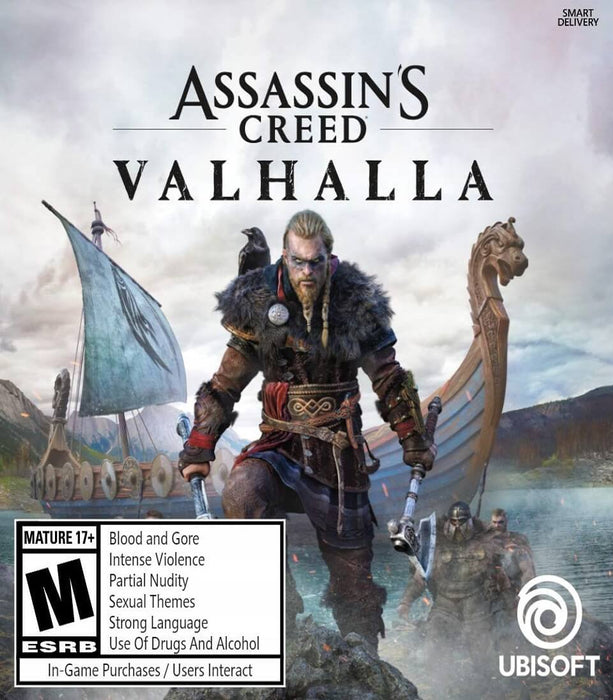 Official cover art for Assassin's Creed Valhalla on Ubisoft Connect, featuring Eivor, the Viking warrior, leading his clan from a longship. Purchase your Assassin's Creed Valhalla Ubisoft Connect CD Key (US) now at RushGame.co for instant digital delivery and the best prices on PC game codes.