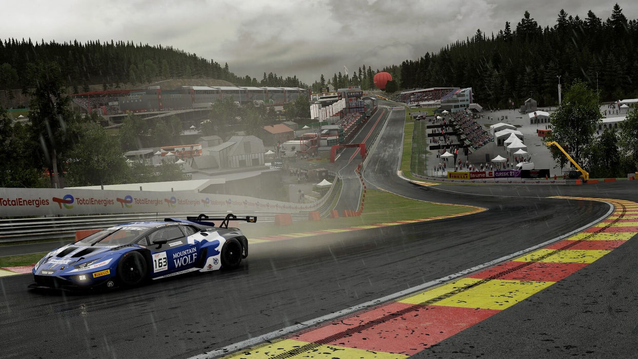 A race car drifts through a rainy circuit in Assetto Corsa Competizione, showcasing realistic weather physics. Push your racing limits—buy your Steam key today at RushGame.co