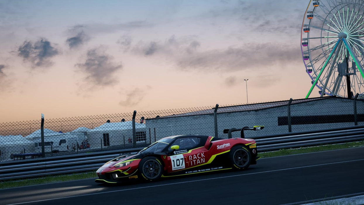 A high-performance Ferrari speeds down the track as the Ferris wheel lights up the sky in Assetto Corsa Competizione. Immerse yourself in professional GT racing—get your activation key at RushGame.co