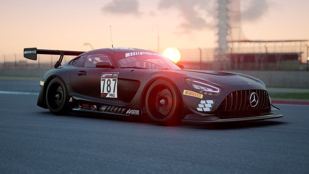 A sleek Mercedes-AMG GT3 car races at sunset in Assetto Corsa Competizione. Experience top-tier GT racing secure your Steam key instantly at RushGame.co!