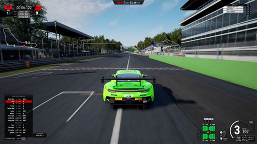 A green Porsche GT3 speeding down the iconic Monza race track in Assetto Corsa Competizione on Xbox. The game delivers ultra-realistic driving physics, immersive weather effects, and authentic GT racing experience. Get your digital key at RushGame.co!