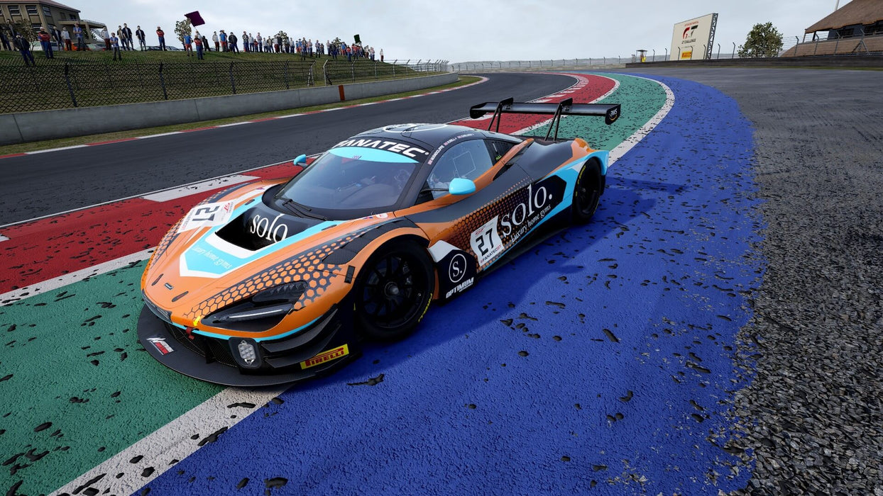 A McLaren GT3 car parked on the curbs of a race track in Assetto Corsa Competizione for Xbox, showcasing realistic track conditions and dynamic lighting. Experience the ultimate GT racing simulation—get your game key at RushGame.co!