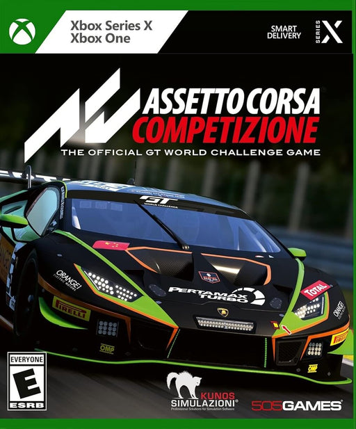 "Official cover art of Assetto Corsa Competizione for Xbox One and Xbox Series X, featuring a high-speed Lamborghini GT3 race car. Experience the ultimate GT World Challenge simulation with realistic physics and stunning graphics. Buy your game key now at RushGame.co!