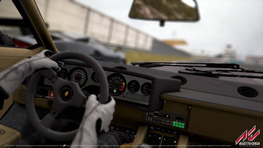 A first-person driving view inside a classic Lamborghini Countach in Assetto Corsa. The dashboard instruments are visible as the driver, wearing racing gloves, navigates the track. Experience realistic cockpit driving with Assetto Corsa – available at RushGame.co.