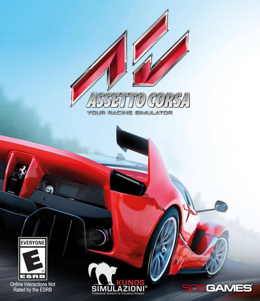 A dynamic cover of Assetto Corsa featuring a red supercar racing on the track. Get your digital Steam key at RushGame.co and experience the ultimate driving simulation!