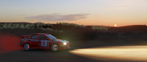 A classic Mitsubishi Lancer Evolution rally car speeds across a dirt track at sunset, kicking up a trail of dust. Experience intense rally racing action in Assetto Corsa: Ultimate Edition. Get your Steam CD key at RushGame.co