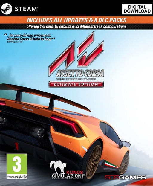 Cover art of Assetto Corsa Ultimate Edition for PC Steam, featuring a sleek orange Lamborghini Huracán racing down a track. The game includes all updates and 8 DLC packs, offering a premium racing simulation experience. Available at RushGame.co