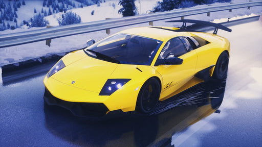 A bright yellow Lamborghini Murciélago navigating a snowy track, with reflections shimmering on the wet asphalt. Unlock your Assetto Corsa Xbox One key at RushGame.co and take on challenging weather conditions.