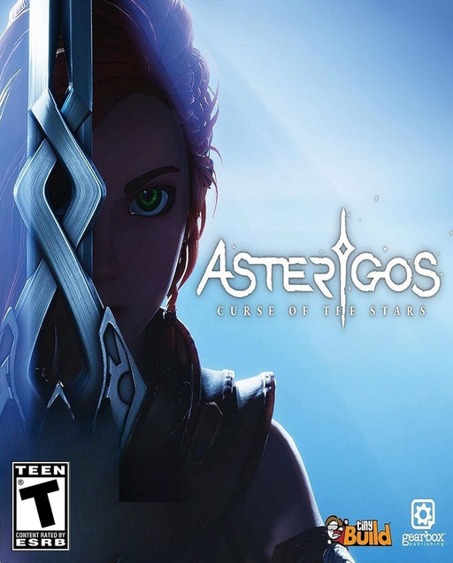 The official cover art for Asterigos: Curse of the Stars on PC Steam, featuring a close-up of the protagonist, Hilda, with a determined expression and a glowing blue background. Buy your Asterigos: Curse of the Stars Steam CD Key at RushGame.co for instant digital delivery and an epic action RPG experience.