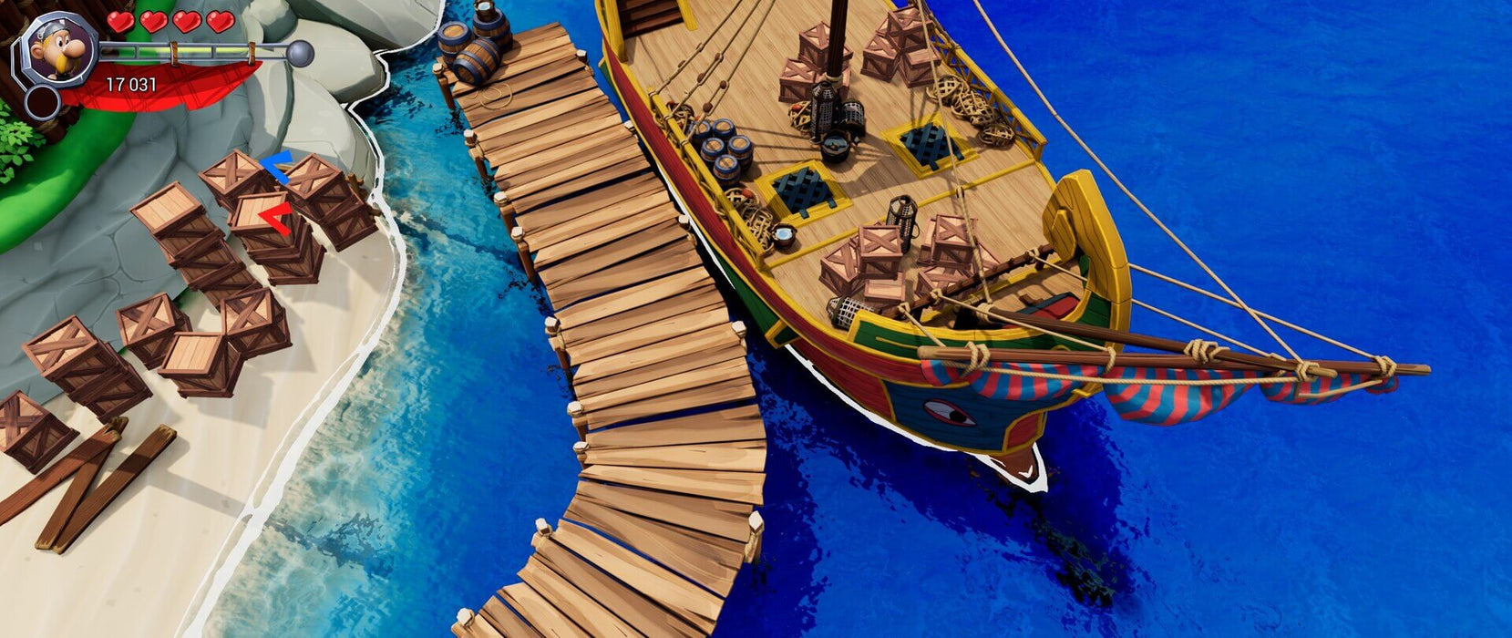 A wooden pier leading to a colorful ship on a sunny island, showcasing the bright and playful world of Asterix & Obelix XXXL: The Ram from Hibernia. Find your Steam activation key at RushGame.co and embark on this cartoonish brawler adventure!