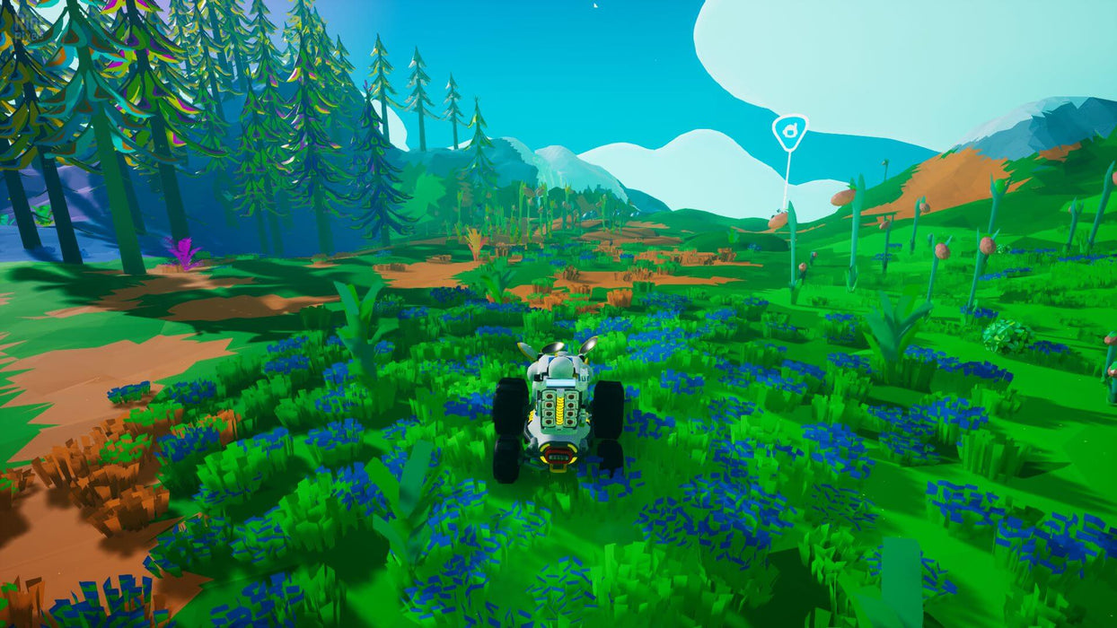 A player-controlled rover traverses a lush alien environment with vibrant green hills and blue flowers in Astroneer. Explore procedurally generated planets and build your space empire—get your Astroneer Steam key now at RushGame.co.