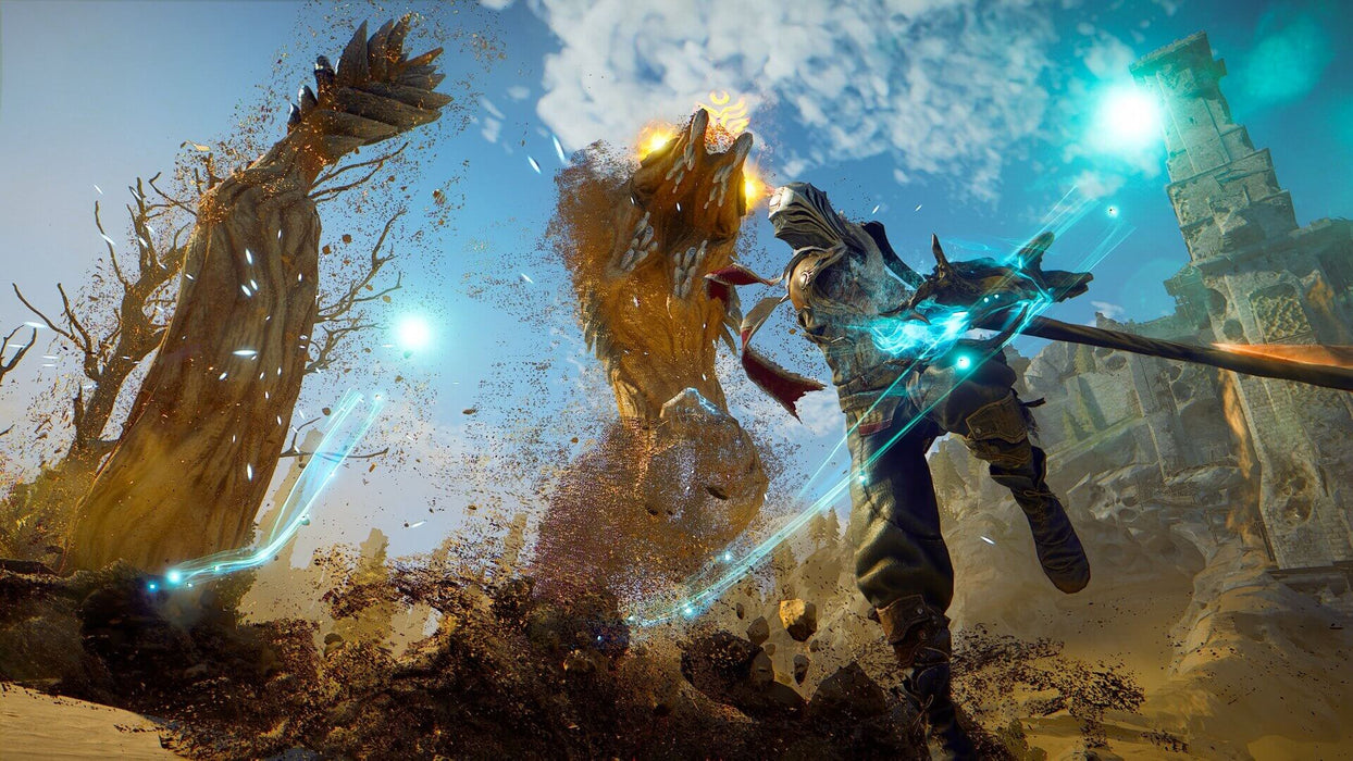 A high-intensity battle in Atlas Fallen, where a warrior wields magic-infused weapons against a colossal sand creature. Get your Steam CD Key at RushGame.co!