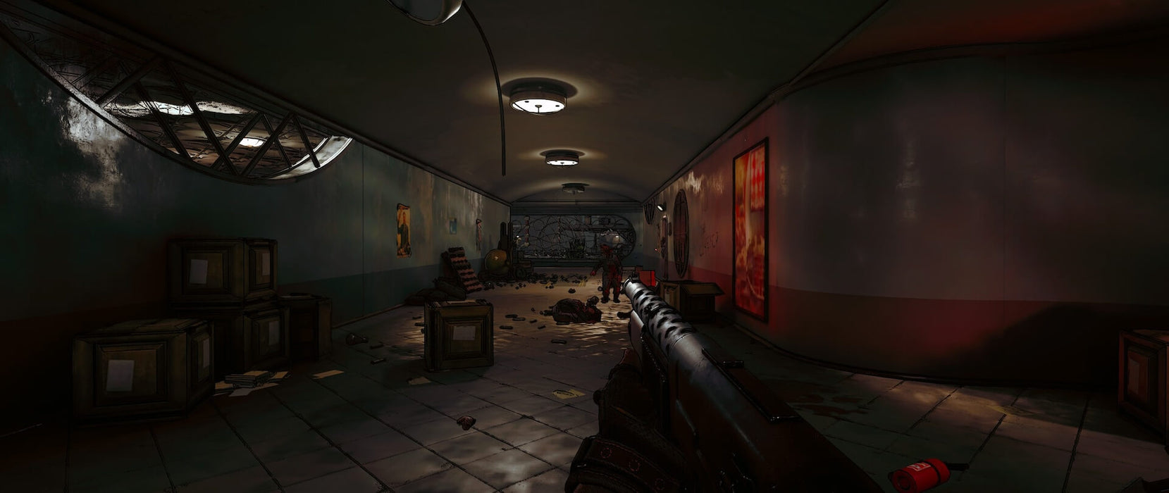 A dark and eerie underground corridor filled with debris, with a player holding a shotgun facing a menacing robotic enemy in the distance. Unlock the intense FPS action of Atomic Heart—purchase your Steam CD Key at RushGame.co for instant digital delivery