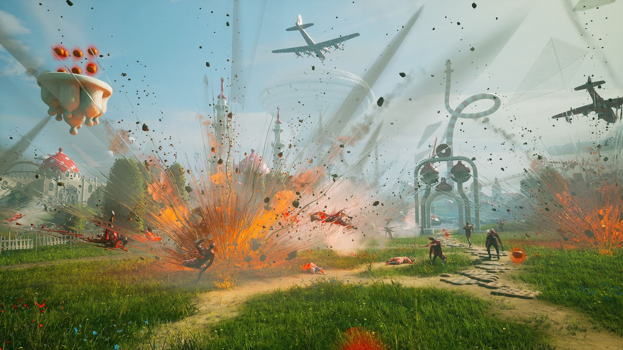 A massive explosion tears through a peaceful park, with robotic enemies and Soviet structures in the distance, capturing the chaos of battle. Buy Atomic Heart for PC on RushGame.co and experience intense FPS combat in an alternate-history Soviet Union