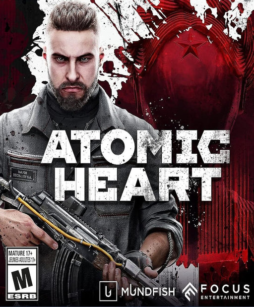 Cover art for Atomic Heart, featuring the game's protagonist holding a futuristic rifle with a determined expression against a red Soviet-inspired background. Get your Atomic Heart Steam CD Key instantly at RushGame.co and dive into this dystopian, action-packed FPS adventure.