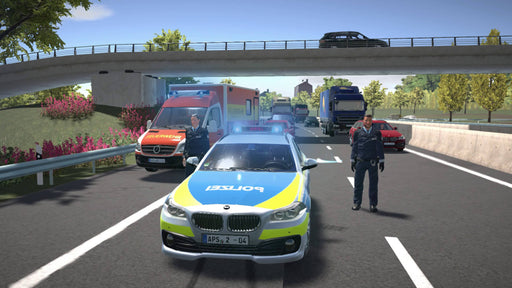 A busy highway scene from Autobahn Police Simulator 2, showing police officers managing an accident with emergency vehicles blocking the road. Buy your Autobahn Police Simulator 2 PC Steam key at RushGame.co for an immersive police simulation experience with realistic traffic scenarios