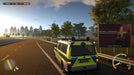 A German police van patrols the highway at sunset, passing a speed warning billboard in Autobahn Police Simulator 2. Secure your Autobahn Police Simulator 2 Steam CD Key from RushGame.co and take on the role of a highway officer in thrilling law enforcement missions.