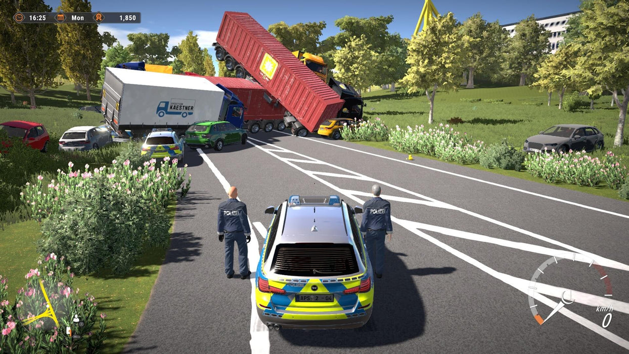 A dramatic highway crash scene in Autobahn Police Simulator 2, where officers assess a major traffic accident involving multiple vehicles. Get your Autobahn Police Simulator 2 activation key at RushGame.co and dive into realistic emergency response missions on the autobahn.