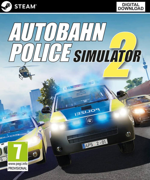 The cover art for Autobahn Police Simulator 2 features high-speed police chases with emergency vehicles flashing their sirens, highlighting the intense highway law enforcement action. Get your Autobahn Police Simulator 2 Steam CD Key at RushGame.co and experience realistic highway patrol gameplay with digital instant delivery.